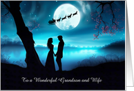 Grandson and Wife Fantasy Santa and Sleigh Pretty Custom Text card