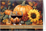 October Happy Birthday with Wine Sunflowers Pumpkin Customizable card