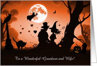 Grandson and Wife Cute Happy Halloween Witch Cat Owl Custom card