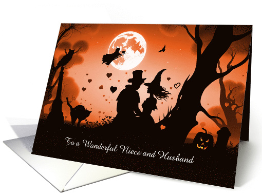 Niece and Husband Custom Happy Halloween with Witch and Cats card