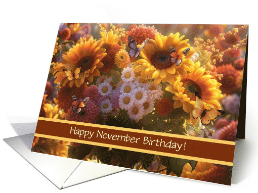 November Birthday with Chrysanthemum Flowers Sunflowers Custom card