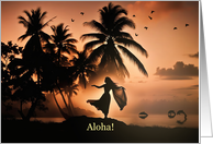 Aloha Tropical Island Hello with Palm Trees Beach Dolphins and Dancer card
