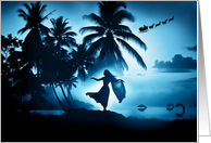 Hawaiian Mele Kalikimaka Island with Dancer Palm Trees Ocean Santa card