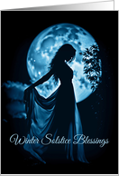 Winter Solstice Moon and Woman Solstice Night With Blessing card