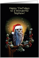 Nephew Happy Holidays with Cute Owl and Santa Hat Customizable card