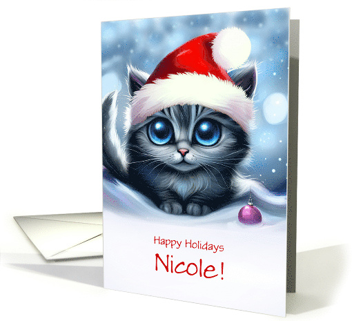 Christmas Kitten Cute Happy Holidays Custom Name with Santa Hat card