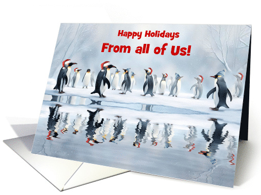 From All of Us Group Cute and Funny Penguins in Hats Custom Text card