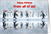 From All of Us Group Cute and Funny Penguins in Hats Custom Text card