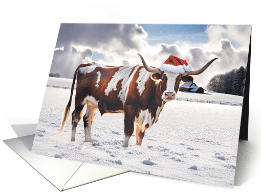 Longhorn Brown and White Cow with Santa Hat Seasons Greetings card