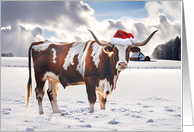 Longhorn Brown and White Cow with Santa Hat Seasons Greetings card