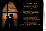 Birthday Getting Older Benefits with Woman and Dog in Window Sunset card