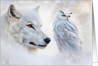 Christmas Seasons Greetings Wildlife Snow White Wolf and White Owl card