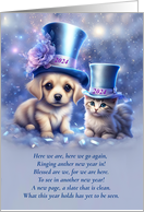 2024 Happy New Year with Cute Puppy and Kitten Party Hats Poem card