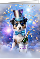 New Year with Cute Australian Shepard Pup and Hat Champagne 2024 card