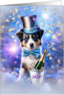 New Year with Cute Australian Shepard Pup and Hat Champagne 2024 card
