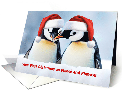 Engaged Couple First Christmas Together Cute Penguins Custom Text card