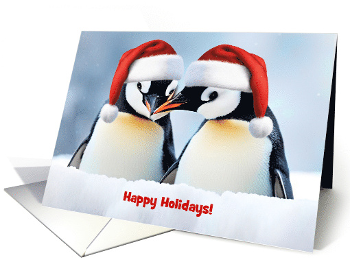 Happy Holidays Cute Pair of Penguins in Hats with Snow... (1806066)