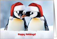 Happy Holidays Cute Pair of Penguins in Hats with Snow Custom Text card
