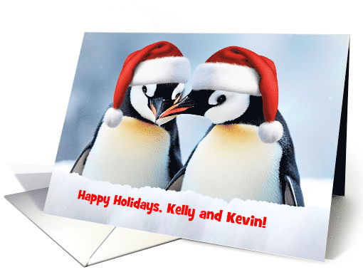 Christmas Holiday Custom Name Cute Pair of Penguins in the Snow card