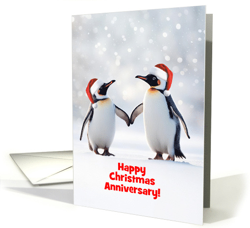Anniversary on Christmas Cute Penguin Couple in the Snow Custom card