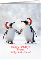 Christmas Holiday Custom Name From with Cute Couple of Penguins card