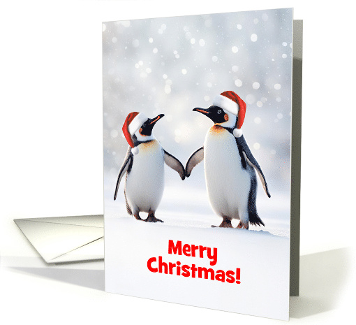 Christmas with Cute Penguins in the Snow Santa Hats Custom Text card