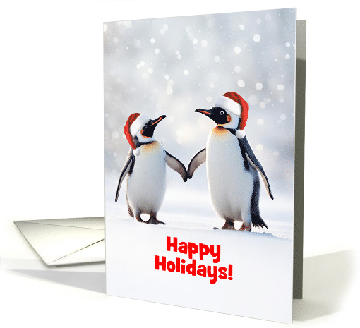 Happy Holidays Cute Pair of Penguins Hats and Snow Custom Text card