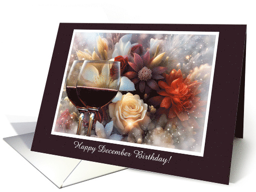 December Birthday with Winter Flower Wine Humor Blessings Custom card