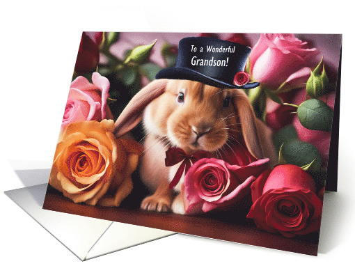 Grandson Cute Bunny in Flowers Roses Happy Valentines Day Custom card
