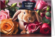 Grandson Cute Bunny in Flowers Roses Happy Valentines Day Custom card