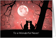 Niece Valentines Day Cute with Two Cats and Moon Hearts Custom Text card