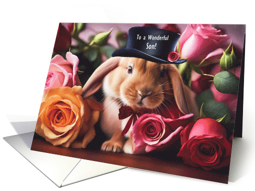 Son Happy Valentine's Day with Cute Bunny and Roses Customizable card