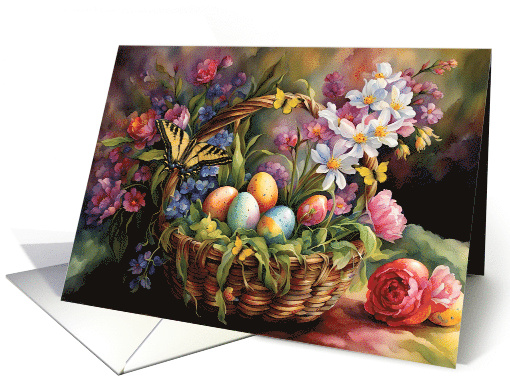 Easter Beautiful Basket with Colored Eggs Flowers and Butterflies card