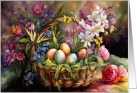 Easter Beautiful Basket with Colored Eggs Flowers and Butterflies card