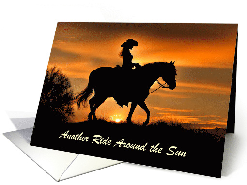 Birthday Cowgirl Country Western Horse and Sunset Customizable card