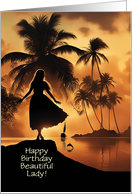 Birthday for Her Tropical Palm Trees Lady and Sailboat Dolphin Custom card