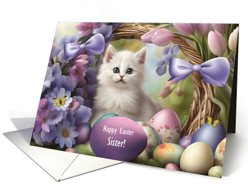 Sister Happy Easter with Fluffy White Kitten Easter Eggs Custom card