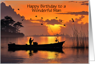 Birthday Fisherman and Boat Sunrise for Him Male Custom Text card