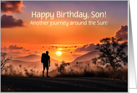 Son Happy Birthday Backpacker in the Sunset Customizable Text card