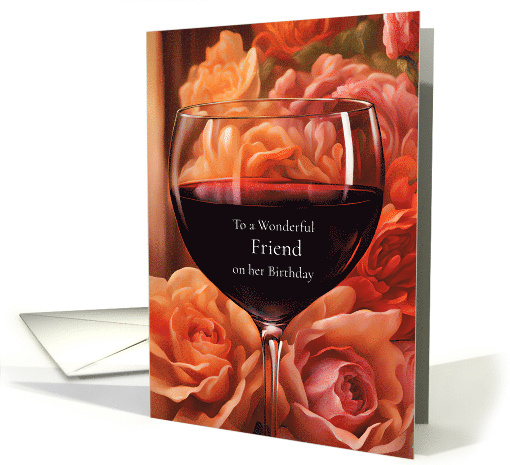 Friend Happy Birthday with Humorous Inside Wine Glass and Flowers card