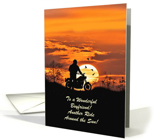 Boyfriend Happy Birthday with Motorcylce Sunset Custom Text card