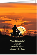 Friend Happy Birthday with Motorcycle and Birds in the Sunset Custom card
