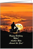 Birthday Custom Name with Motorcycle and Rider in Sunset Cool card