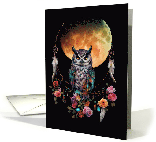 Colorful Bohemian Owl with Roses and Feathers Dreamcatcher Blank card