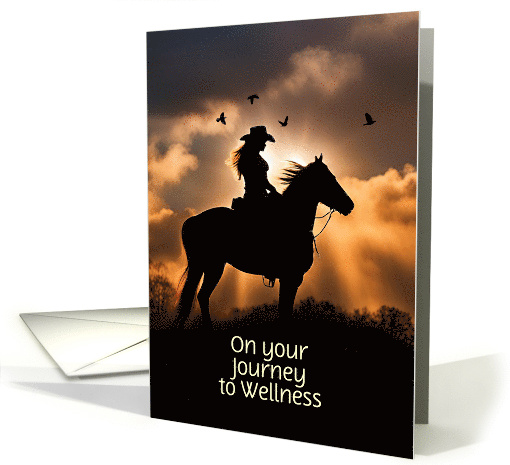 Get Well Country Western Cowgirl with Horse in Sunset Custom card