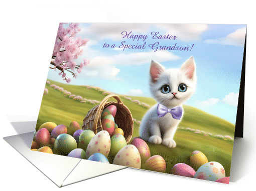 Grandson Easter with Cute White Kitten and Basket of Eggs Custom card