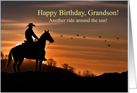 Grandson Happy Birthday Western with Cowboy Riding Horse Sunset card