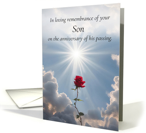 Son Anniversary of Passing with Heavenly Clouds and Rose card