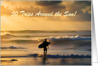 50th Birthday with Surfer and Surf Board Beach Ocean Sunset Custom card