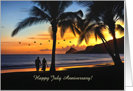 July Wedding Anniversary Couple Holding Hands Beach and Sunset Custom card